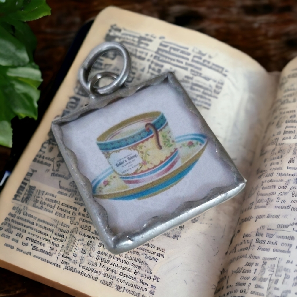 NWT Handcrafted Soldered Glass Charm Vintage Teacup Silvertone Pendant